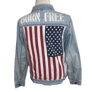 Brooklyn Cloth Born Free American Flag & Patches Denim Distressed Jean Jacket